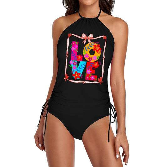 Floral LOVE Halter High Neck 2-Piece Swimsuit Set for Women (Front Printing)