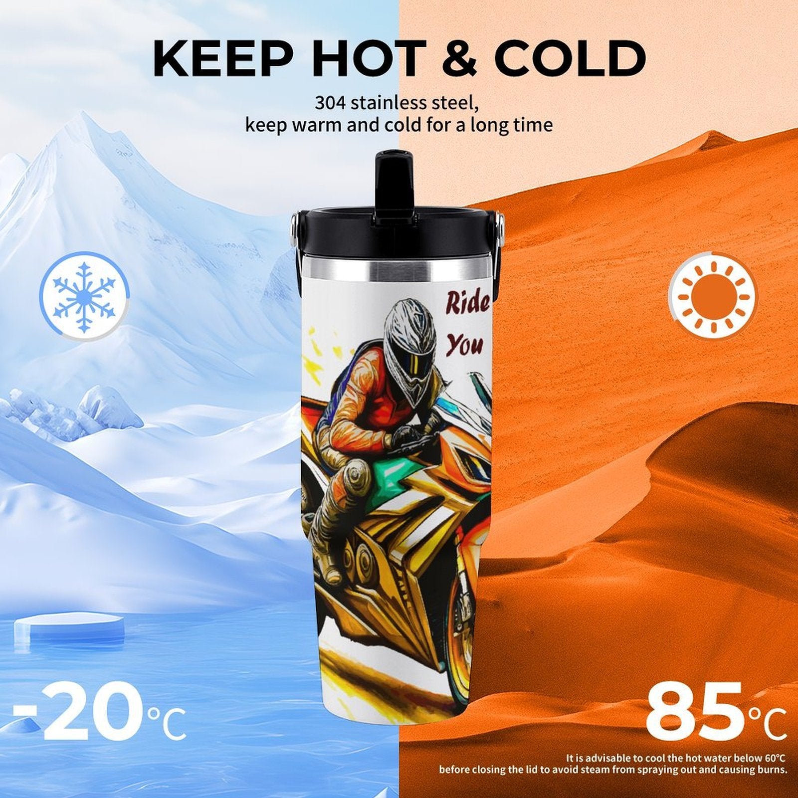 Racing Motorcycle 30 oz Stainless Steel Water Bottle with Popup Spout