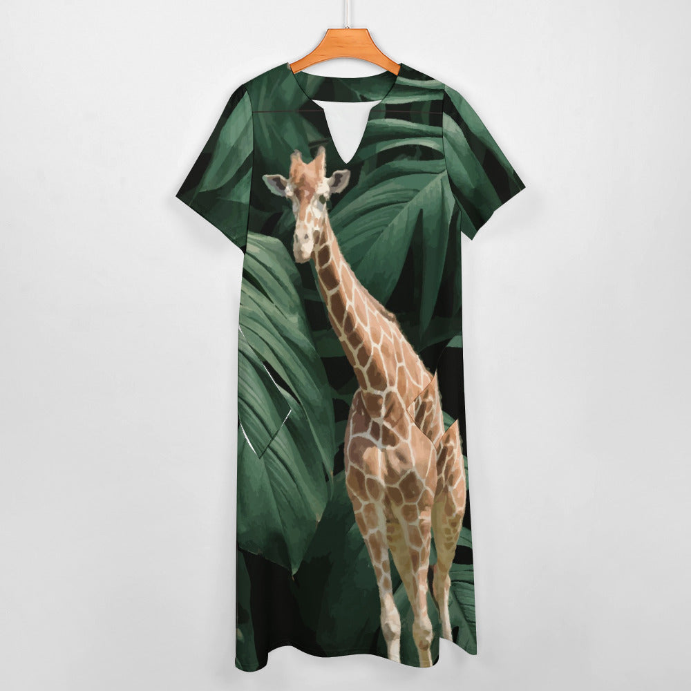 Vestido midi de manga corta con jirafa alta rodeada de vegetación hasta 5XL