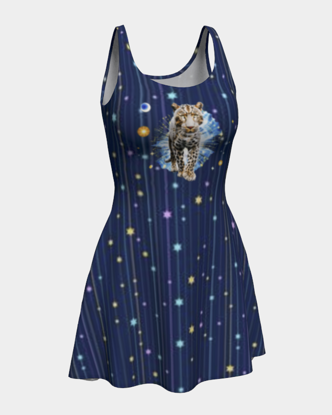 Navy blue dress with a leopard design on a white background