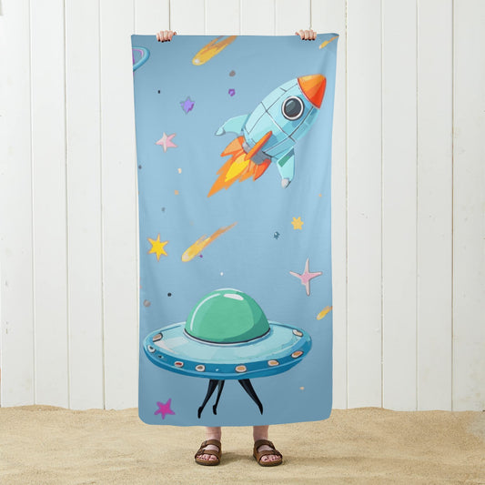 Space Illustration with Rocket Beach Towel 29" x 58" (Made in USA)