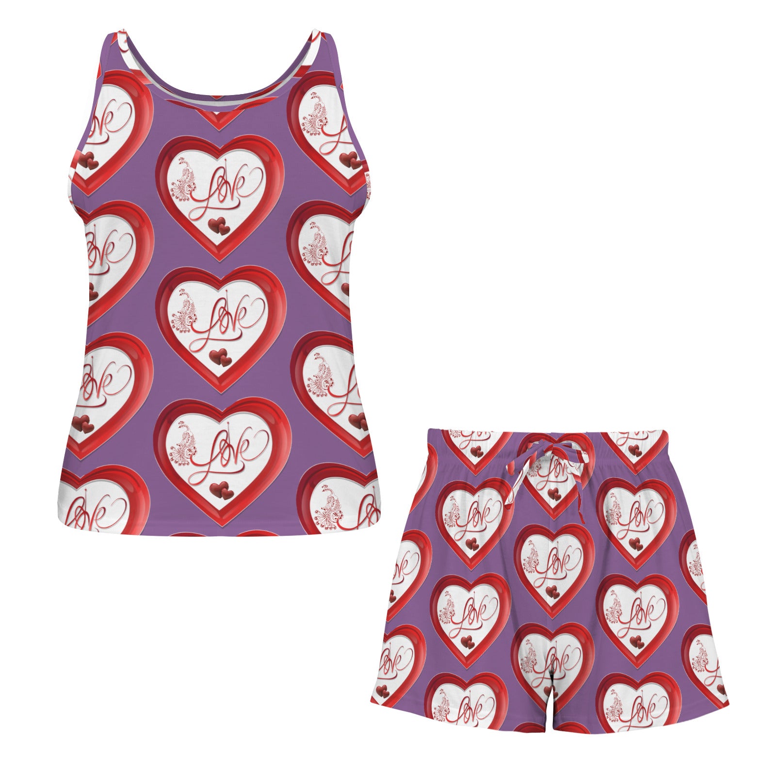 Red Love and Peacock Design Heart on Purple 2-piece Tank Top Pajama Shorts Set (Made in USA)