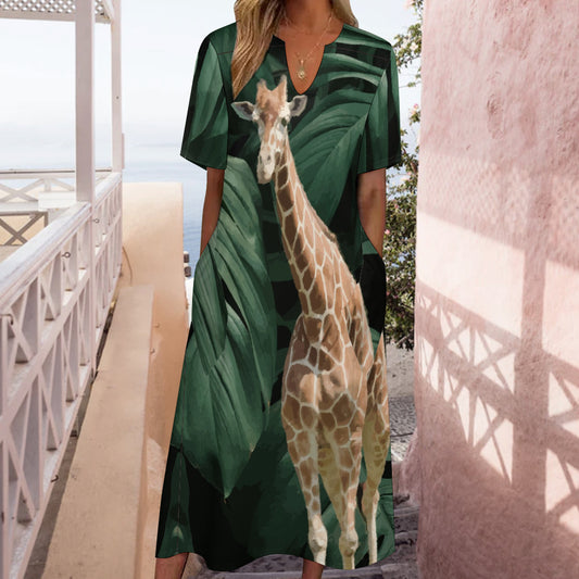 Tall Giraffe Surrounded by Greenery Short Sleeve Midi Dress