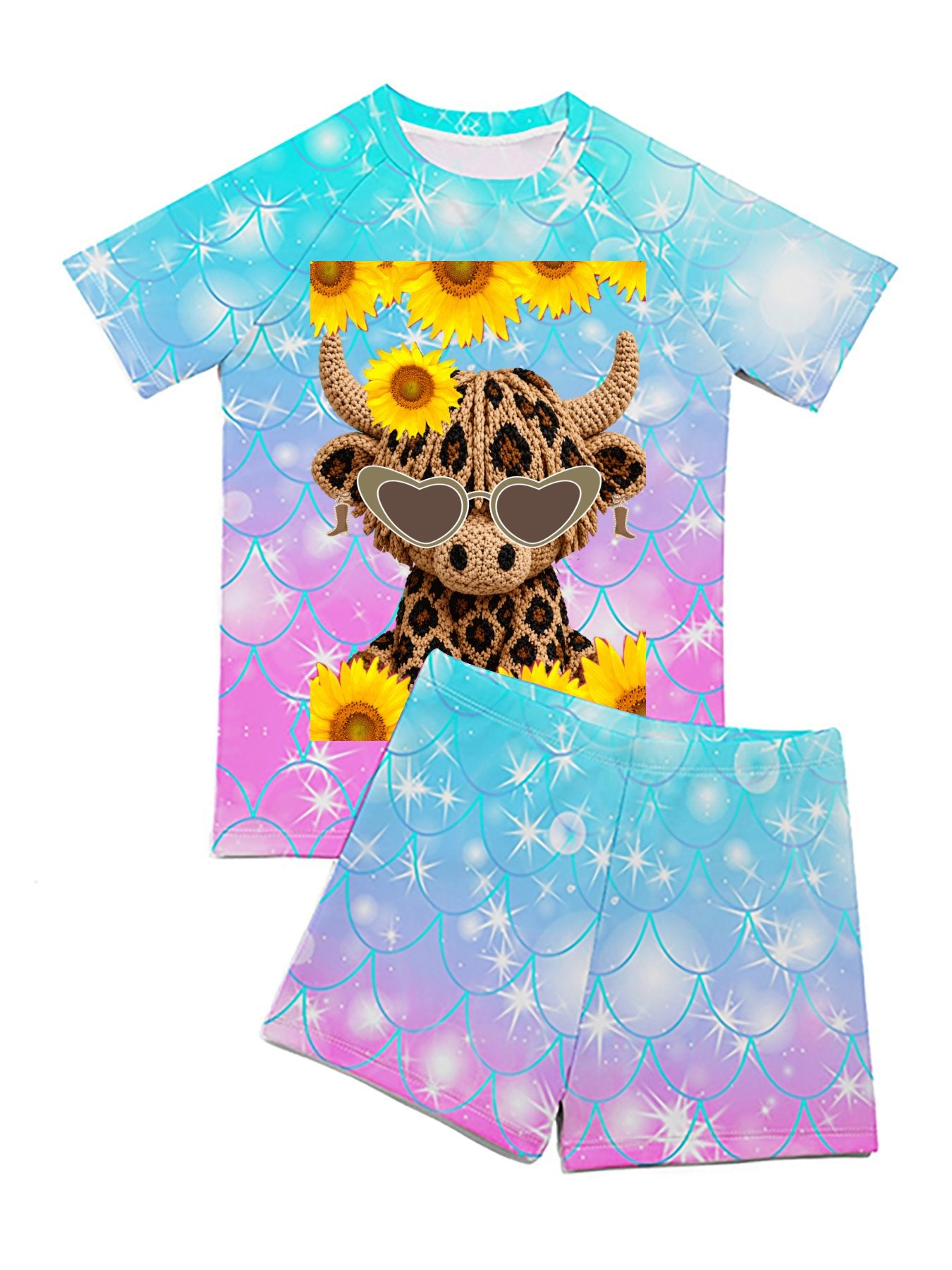 Yarn Highland Calf with Sunglasses Short Sleeved Swimsuit for Children (Front Printing)