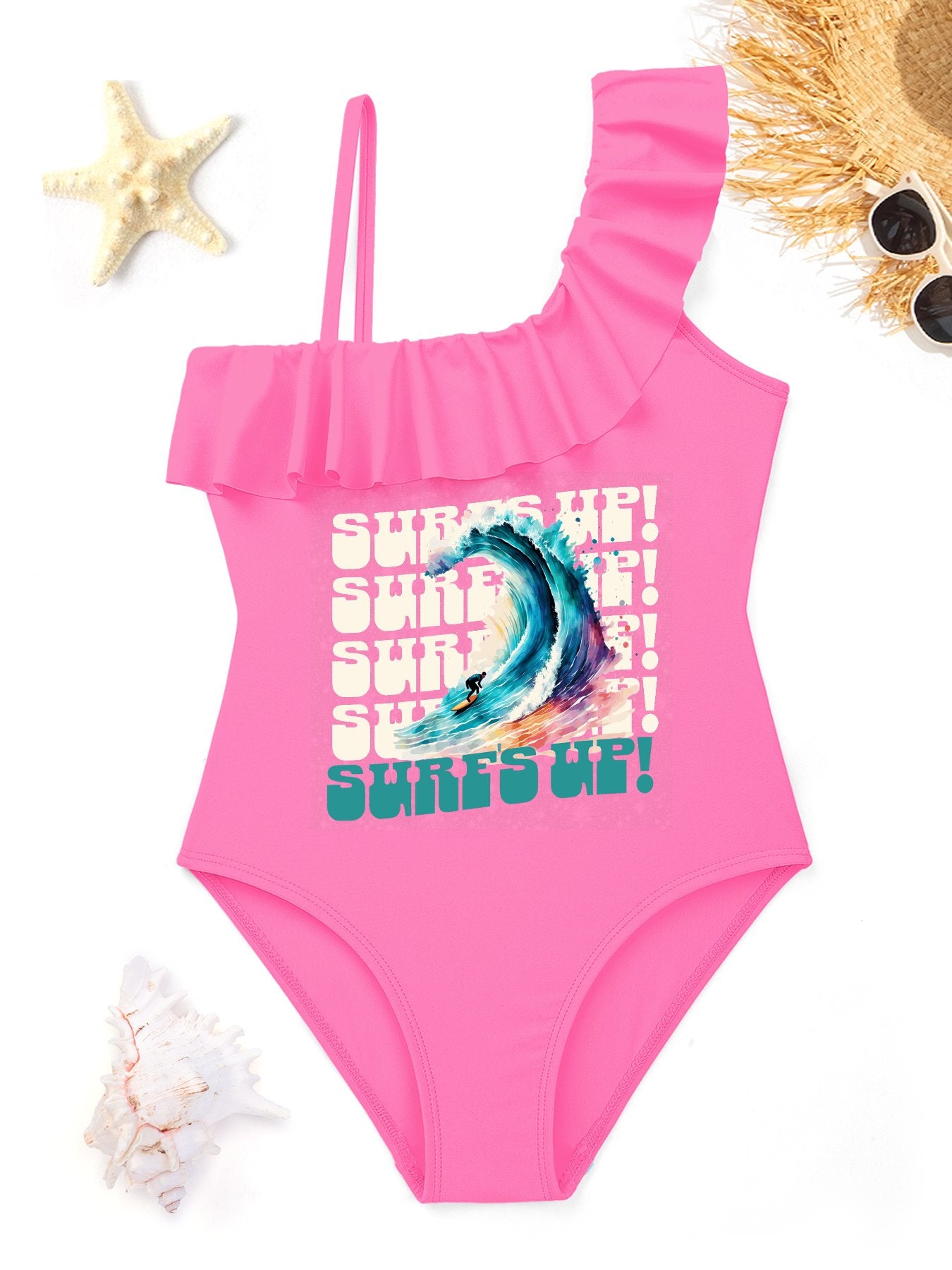 Surf's Up Girl's Ruffled One-Piece Swimsuit (Front Printing)