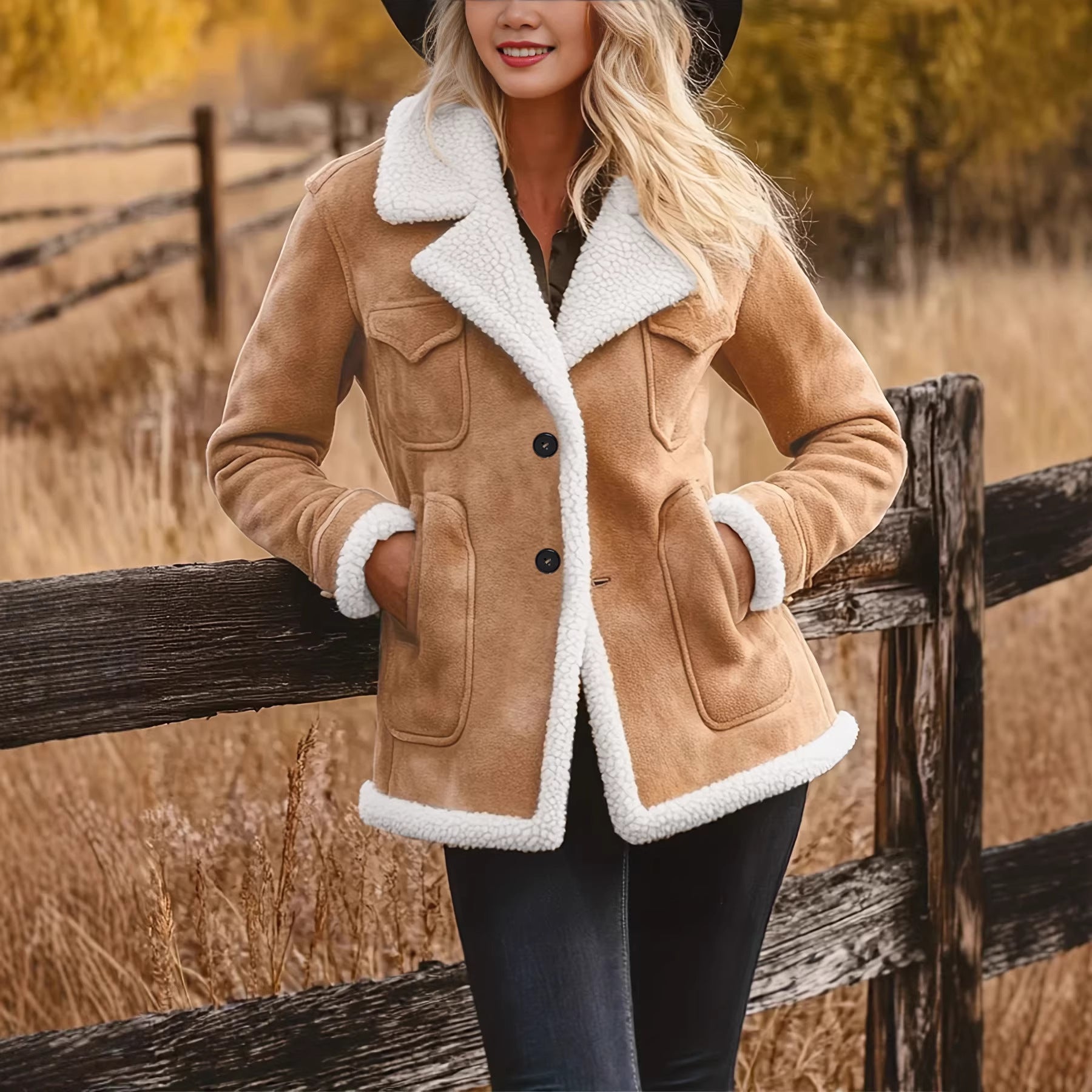 Women's Retro Pocket Lapel Button Jacket Fur Coat