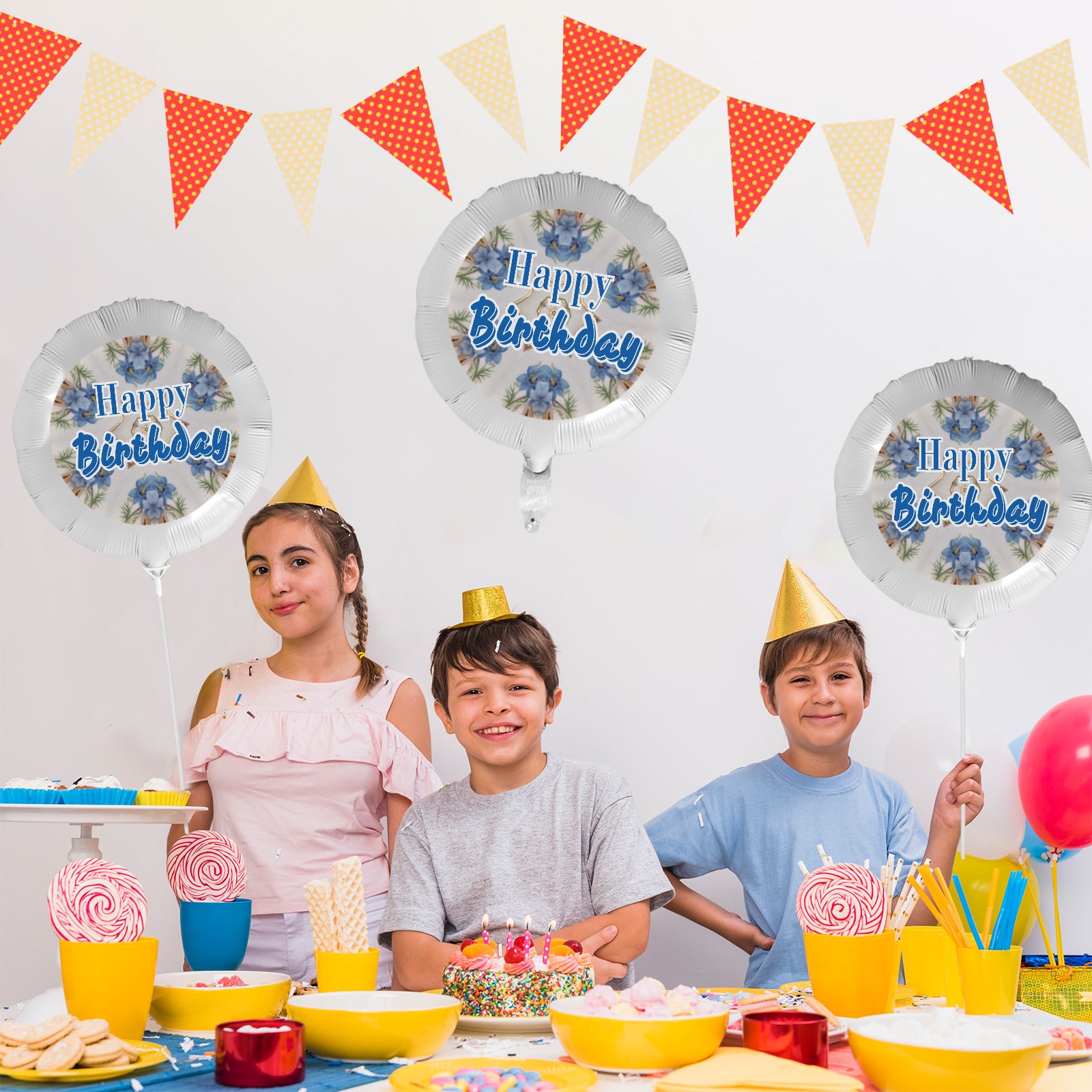 Happy Birthday Blue Floral Design 18-inch Custom Aluminum Foil Balloons - Pack of 3 (Made in USA)