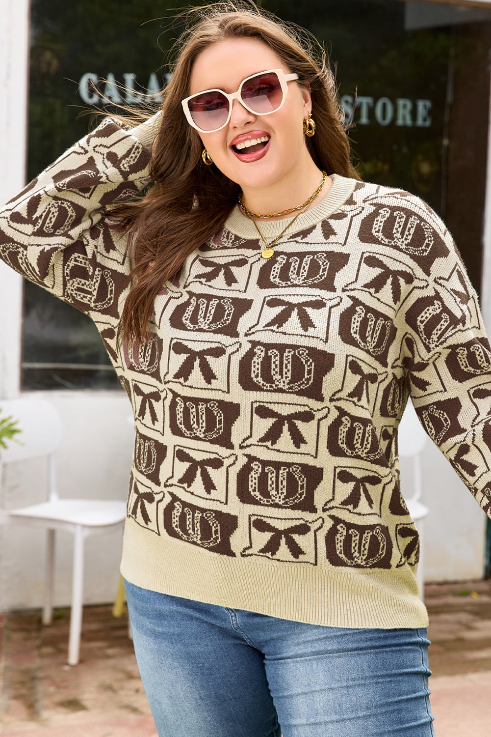 Women's Plus Size Western Bows & Horseshoes Long Sleeve Sweater