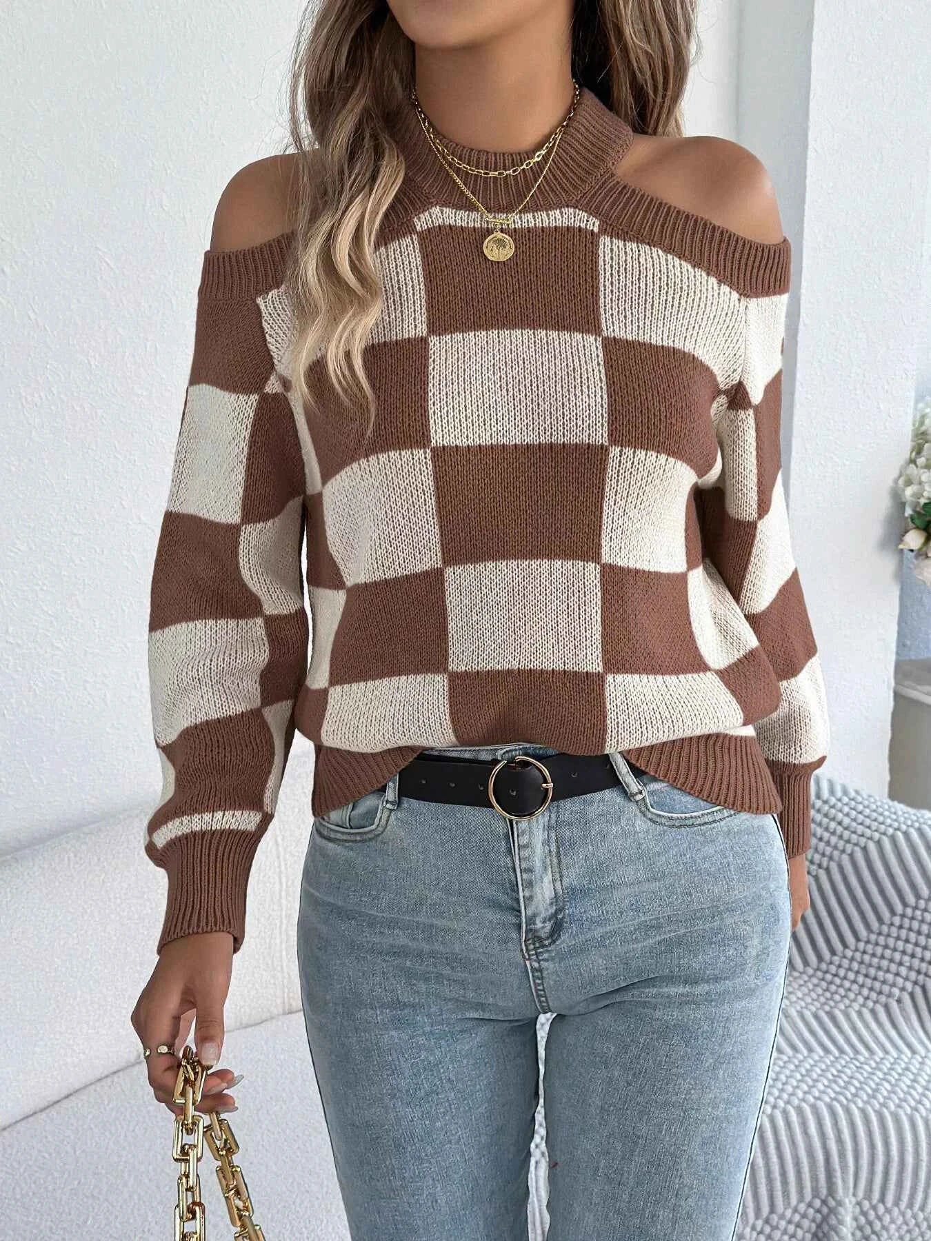 Cold Shoulder Checkered Long Sleeve Sweater