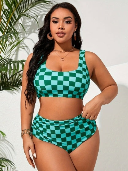 Women's Plus Size Green Checkered 2-piece Casual Swimsuit