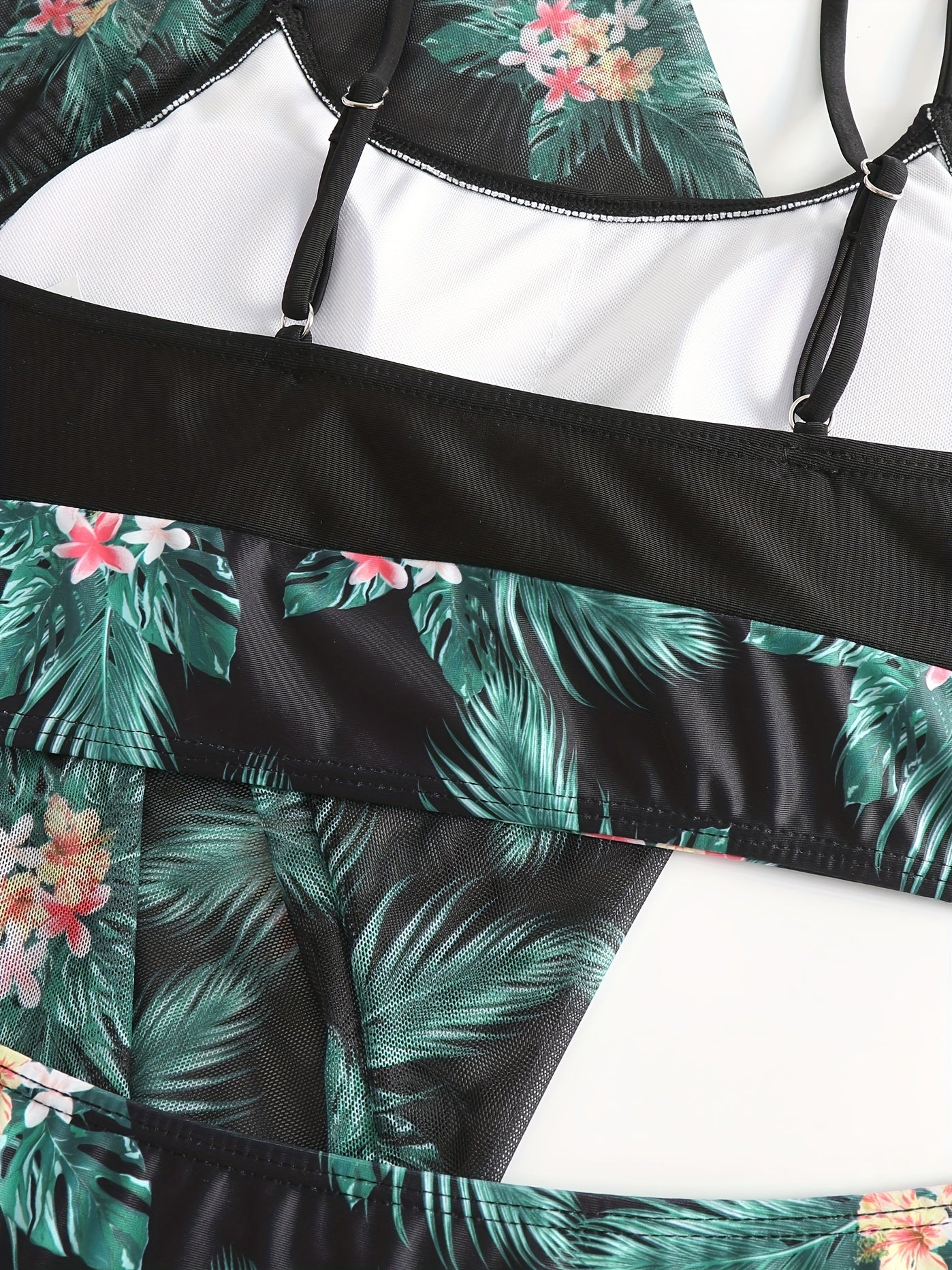Chic 3-piece Tropical Print High Stretch Swimwear with Crew Neck Mesh Cover-Up