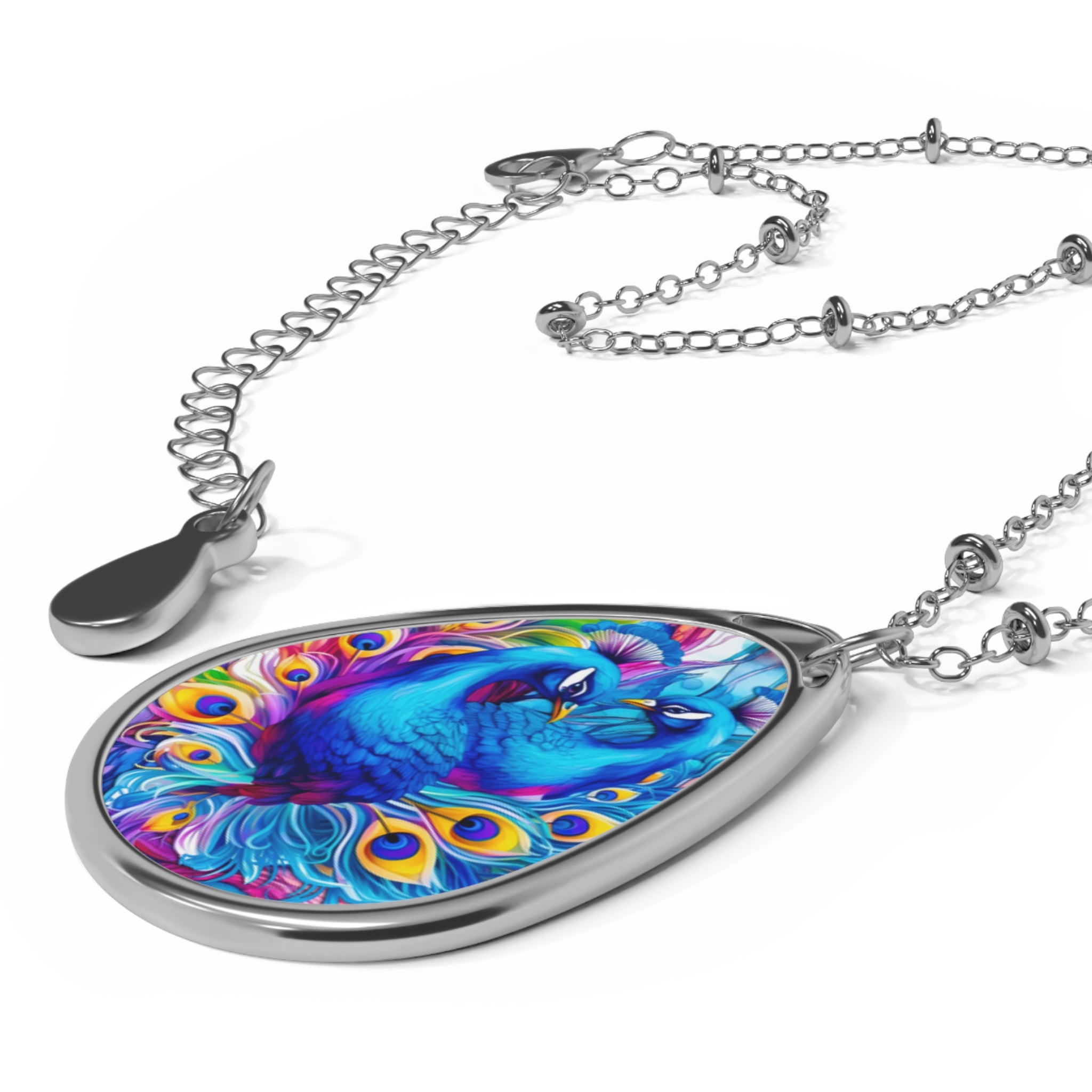 Beautiful Blue Peacocks Oval Necklace