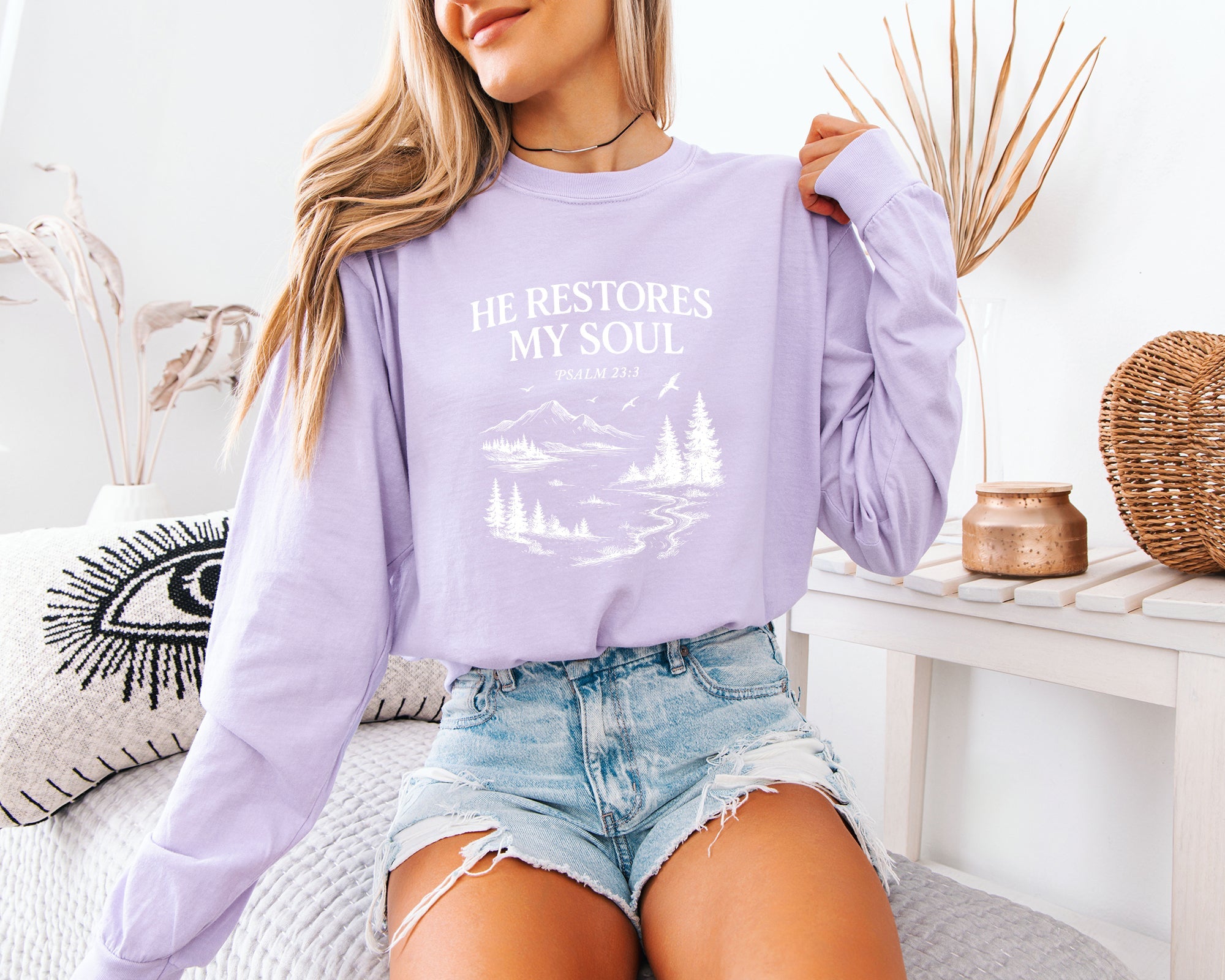 Comfort Colors He restores My Soul Psalm Christian Long Sleeve Shirt