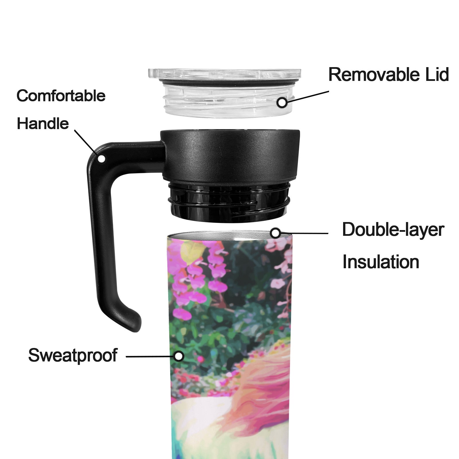 White Horse with Floral Background 600ml Insulated Water Bottle with Screw On Handle
