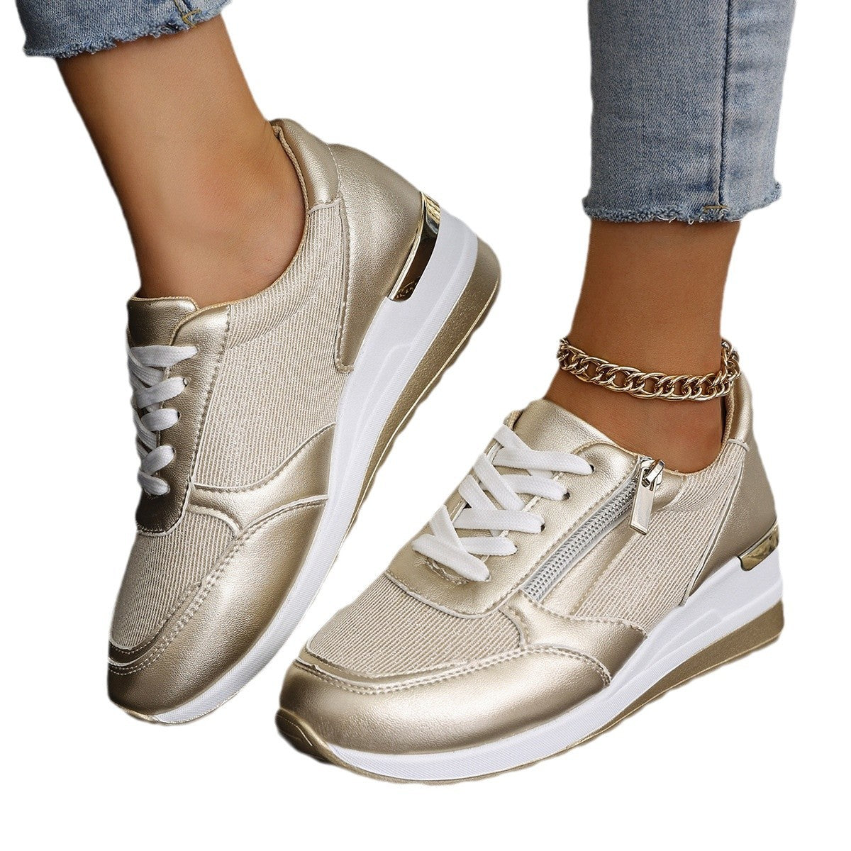 Women's Lace-up Side Zip Design Thick-soled Casual Shoes Sneakers