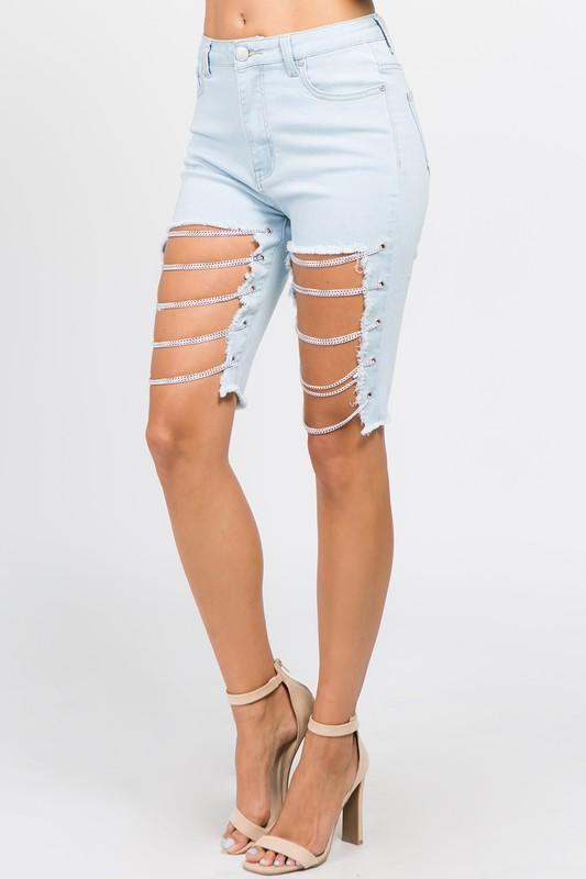 Cutoff Bermuda Shorts with Chains | Country Girl Denim Shorts for Summer & Spring