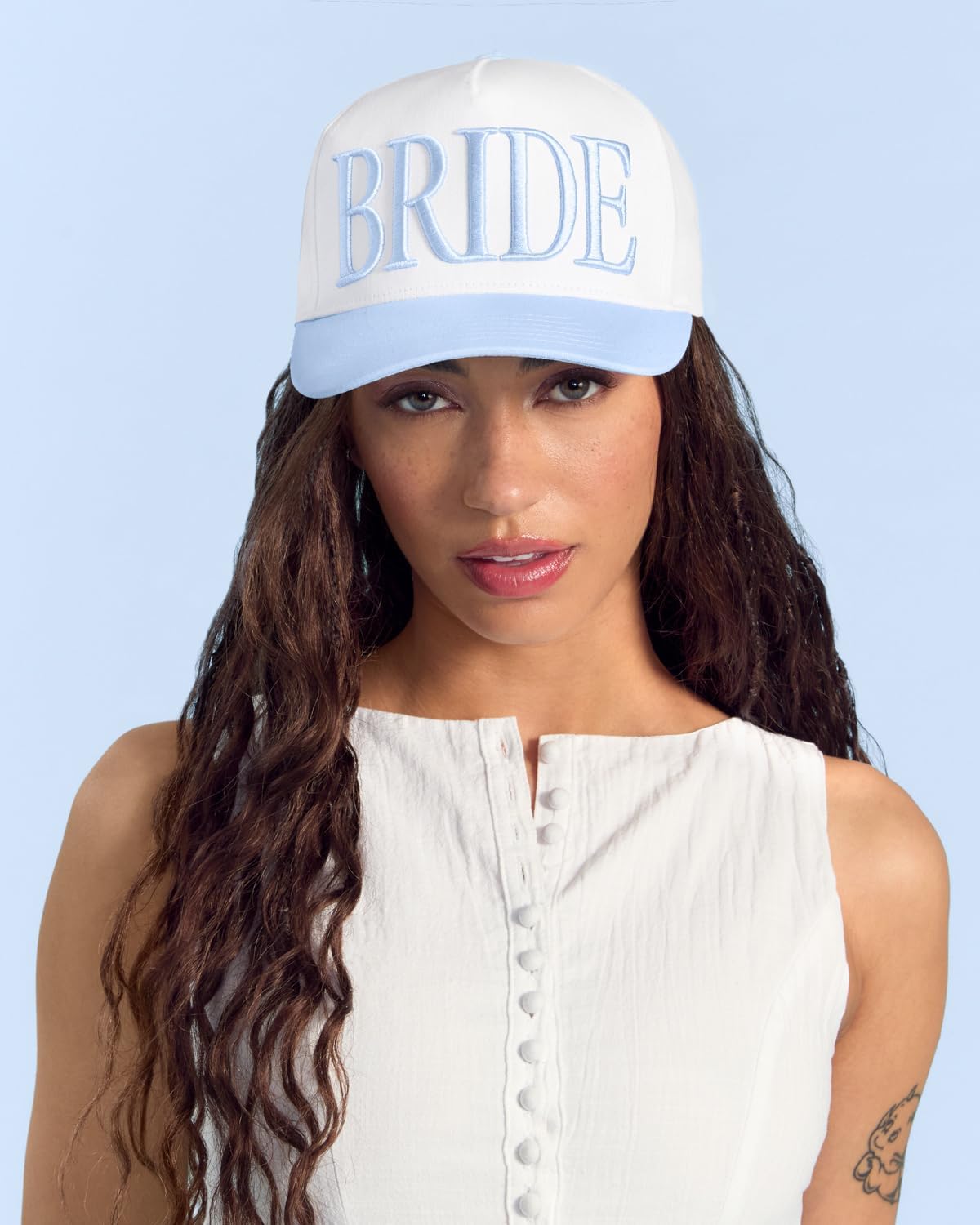 Fetti White + Blue Bride Trucker Hat | Bachelorette Accessory, Bridal Headwear, Bach Party Decorations, Bridesmaid Gift, Wedding Cap