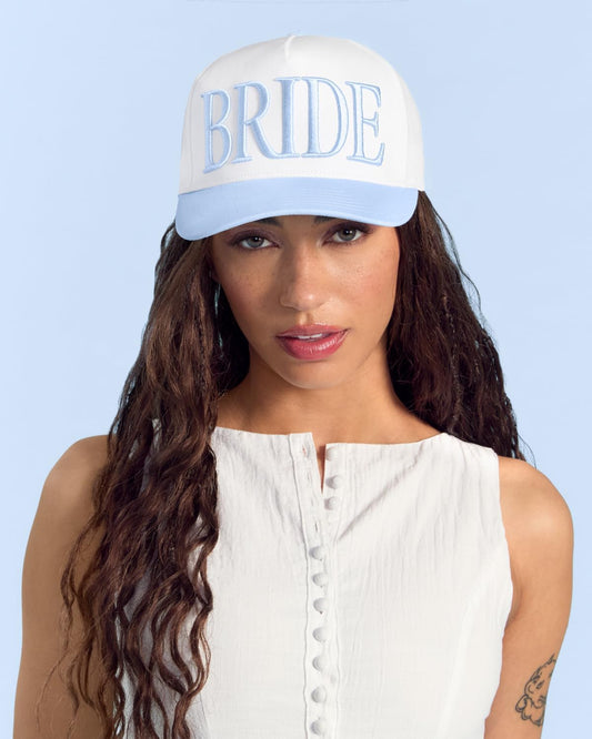 Fetti White & Blue Bride Trucker Hat Bridal Headwear Wedding Cap
