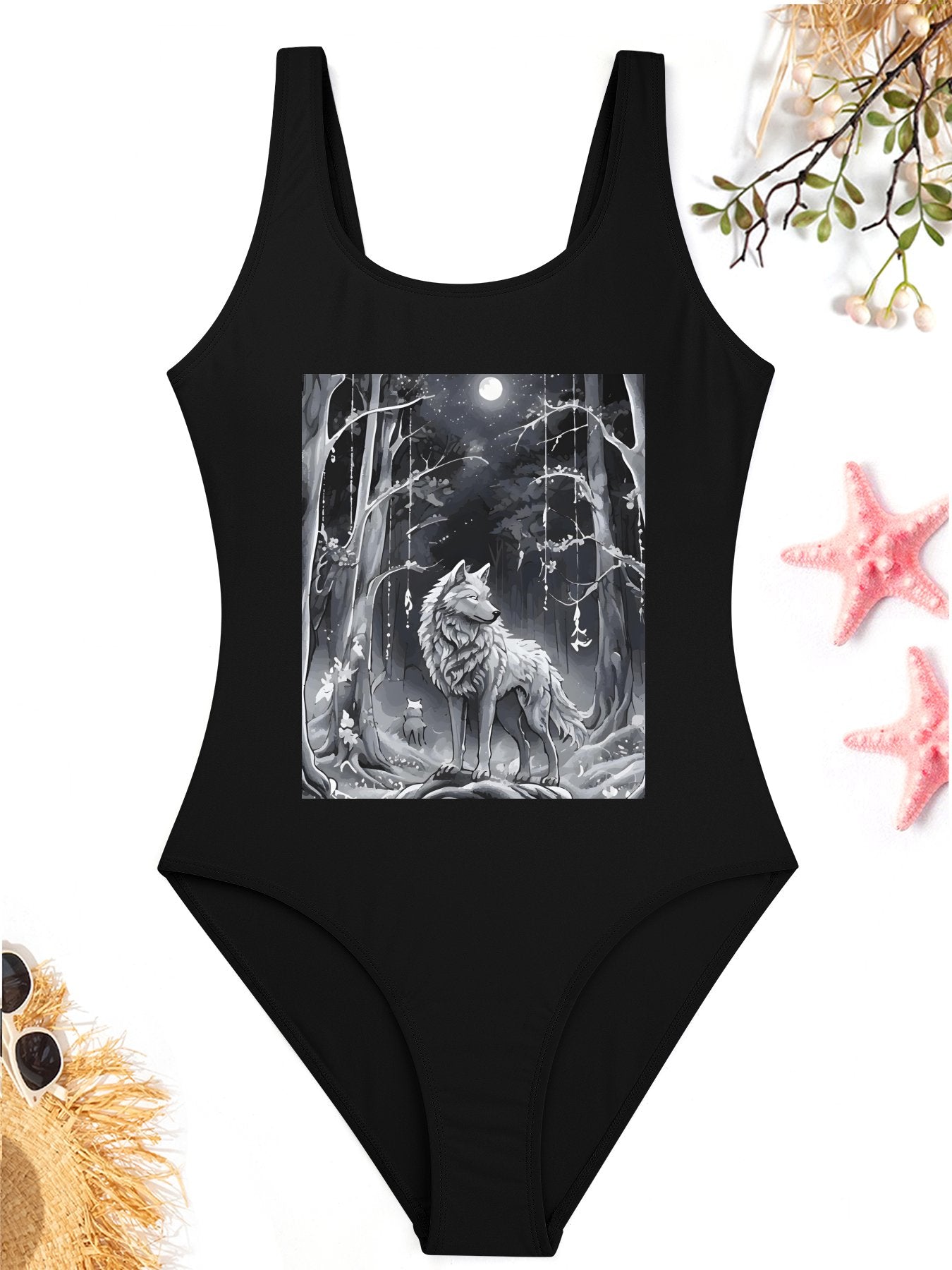 Ethereal Wolf in the Moonlight One-piece Swimsuit Bikini (Front Printing)