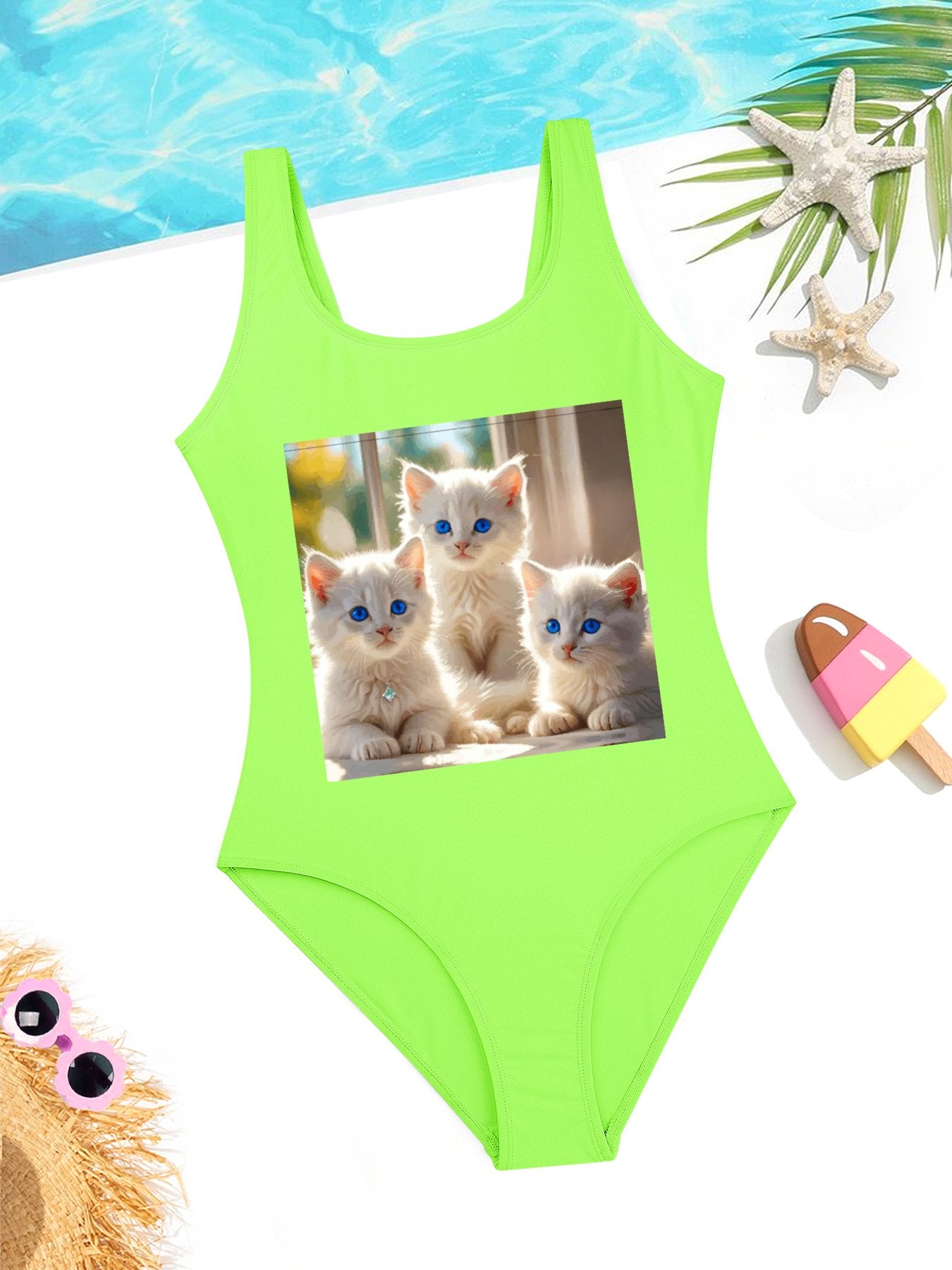Fluffy White Kittens with Blue Eyes Girls' Summer One-Piece Swimsuit (Front Printing)