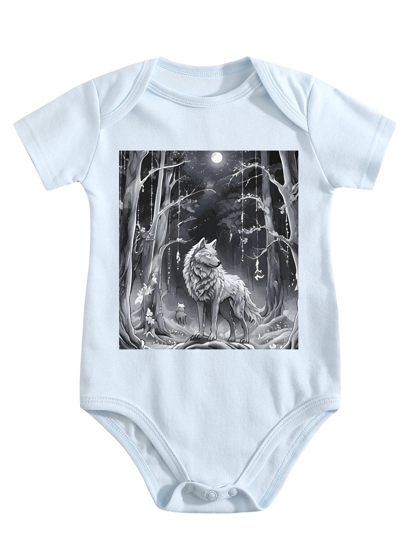 Ethereal Wolf in the Moonlight Unisex Cotton Short Sleeve Baby Romper
