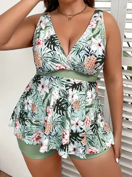 Women's Plus Size Green Fresh Split Type Tankini Swimsuit