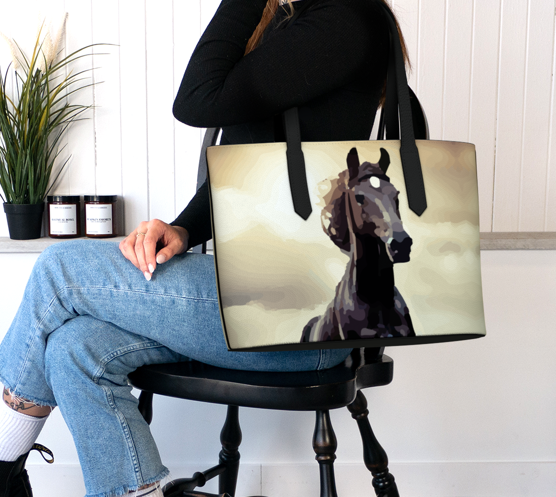 Wild Black Horse Large Vegan Leather Tote Bag