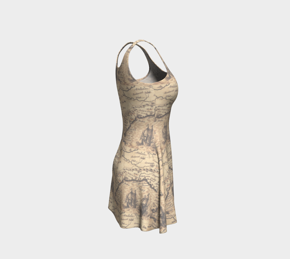 Old World Map Beige Sleeveless Short Flared Dress