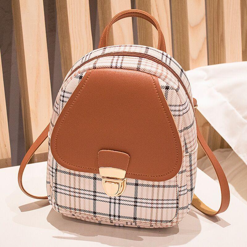 Women's Check Lock Small Backpack One Shoulder Diagonal Handbag Coin Purse