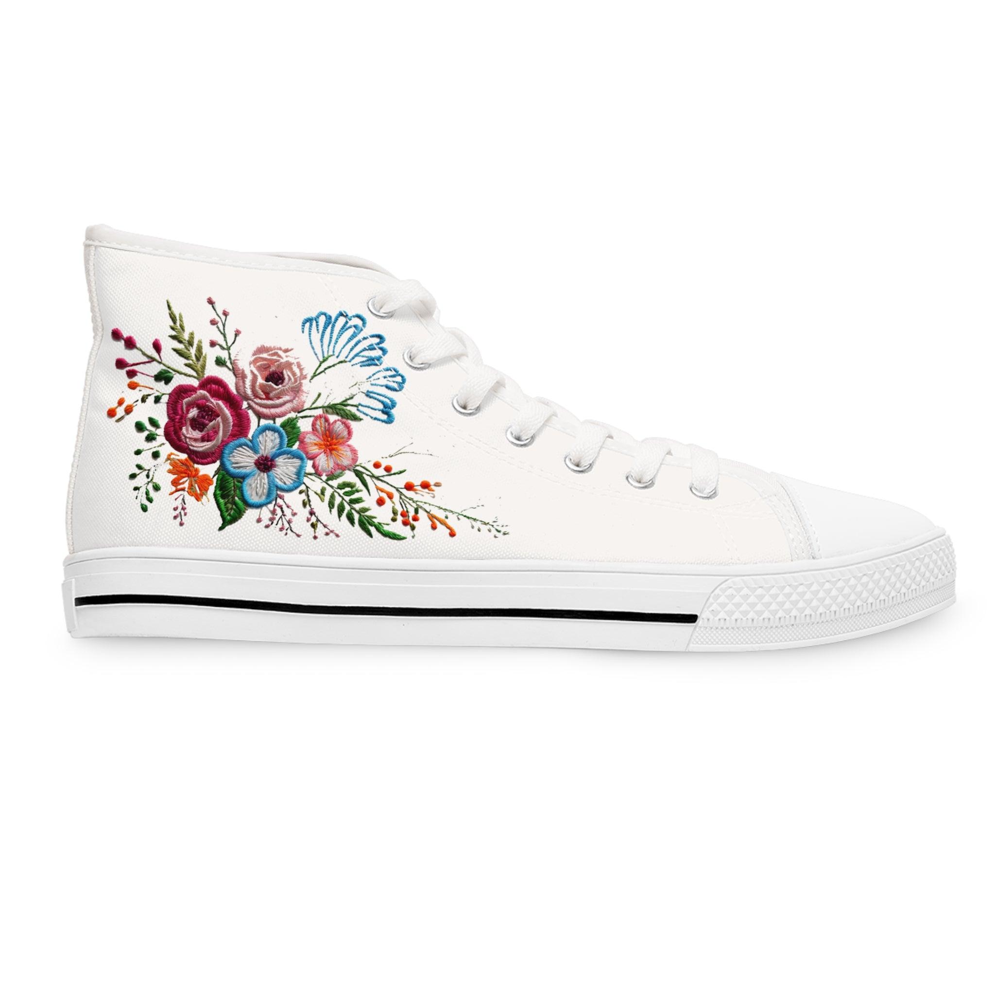 Womens White High Top Sneakers with Vibrant Wildflower Design