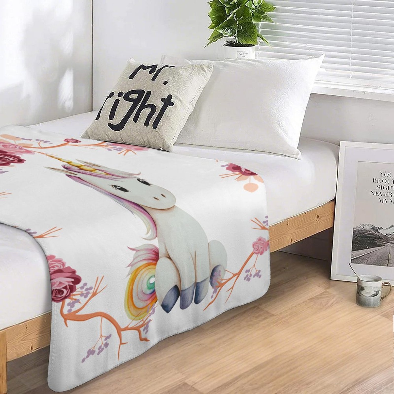 Baby Unicorn with Pink Roses Ultra-Soft Micro Fleece Throw Blankets