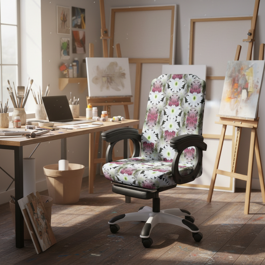 White Floral Pattern on Pink Office Chair Cover (Made in the USA)