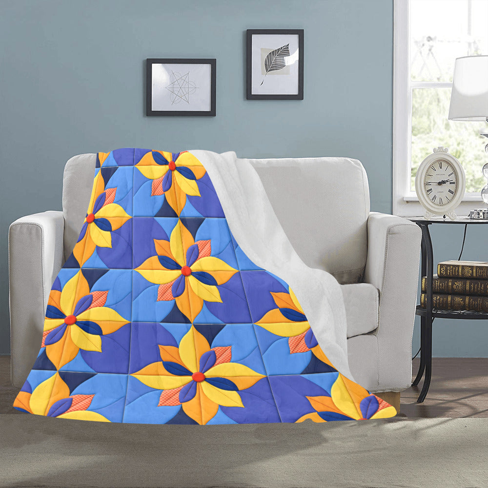 Orange Pinwheels on Blue Faux Quilt Ultra-Soft Micro Fleece Blanket (Made in USA)