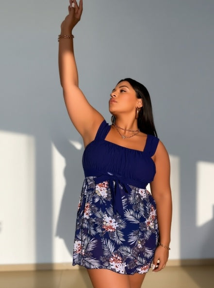 Women's Plus Size Navy Ruched Top with Belt Tie Two-piece Tankini