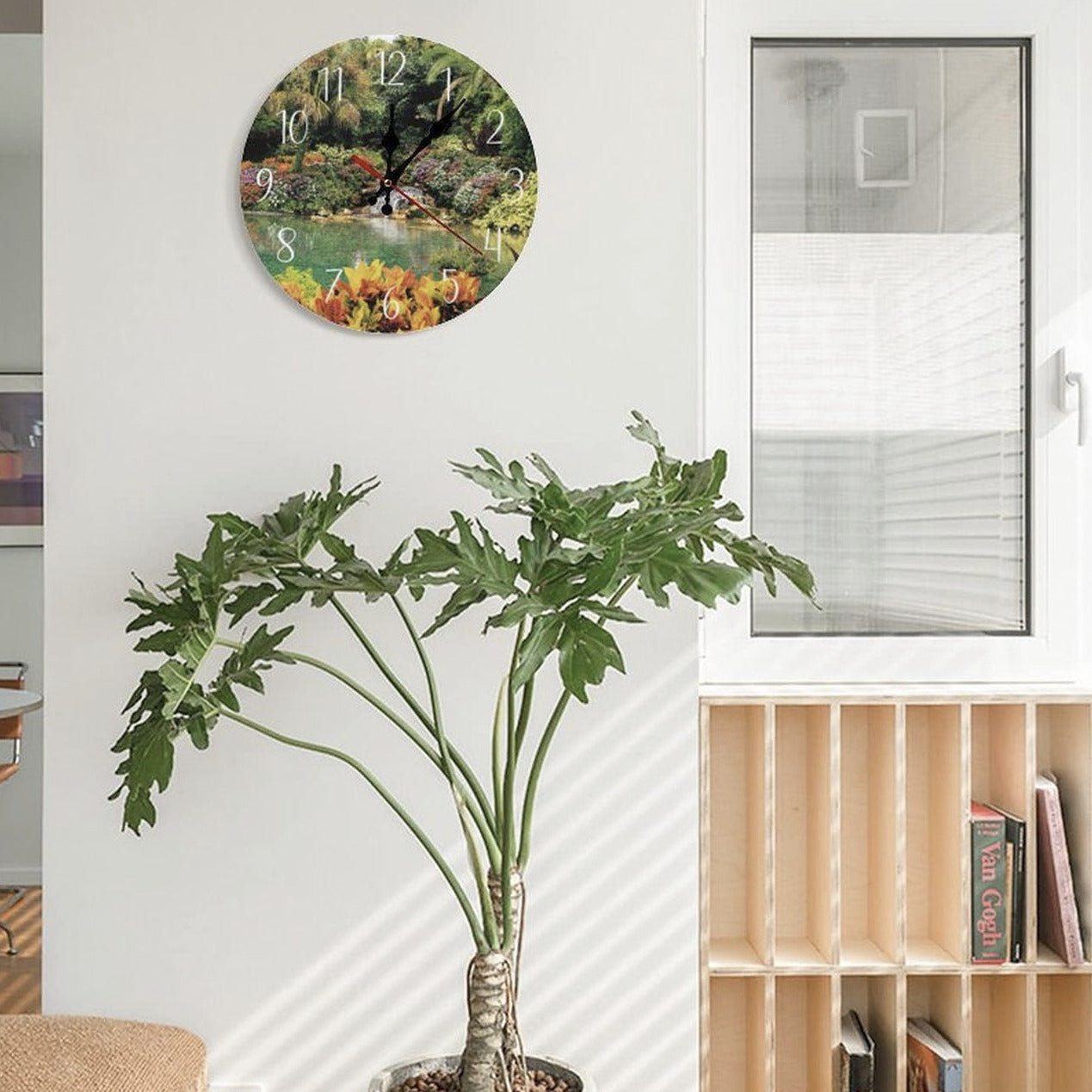 Serene Tropical Garden and Waterfall Modern Wooden Wall Clock