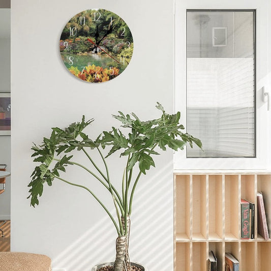 Serene Tropical Garden and Waterfall Modern Wooden Wall Clock