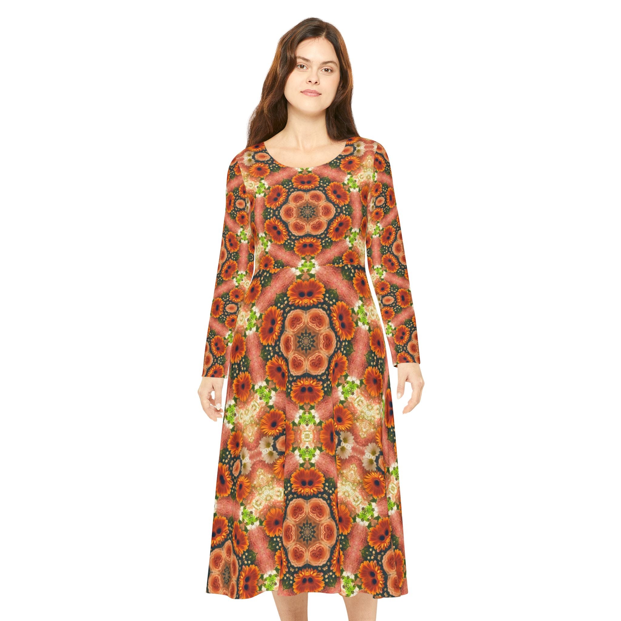 Women's Orange Floral Long Sleeve Maxi Dress