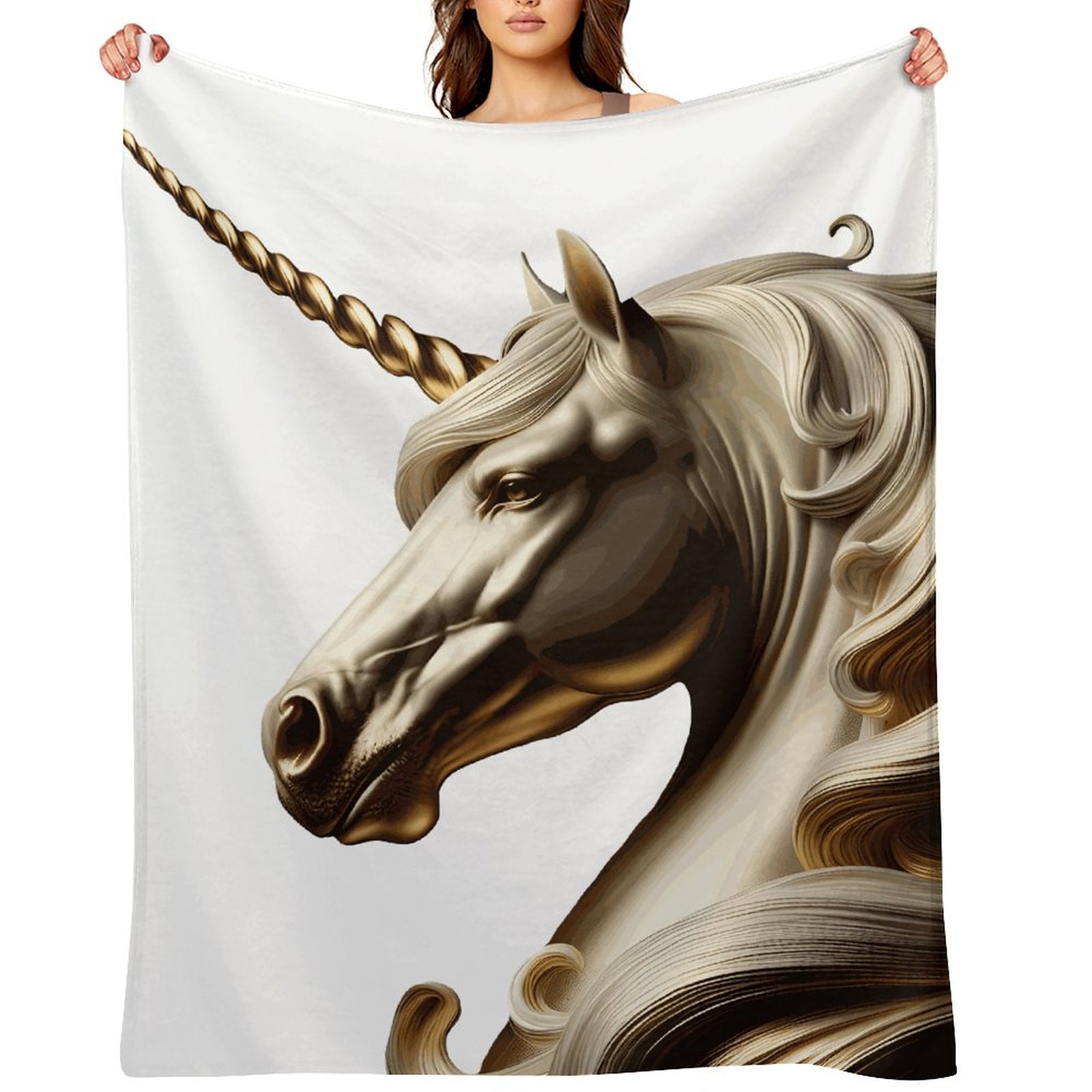 Person holding a white tapestry with a unicorn design on a white background