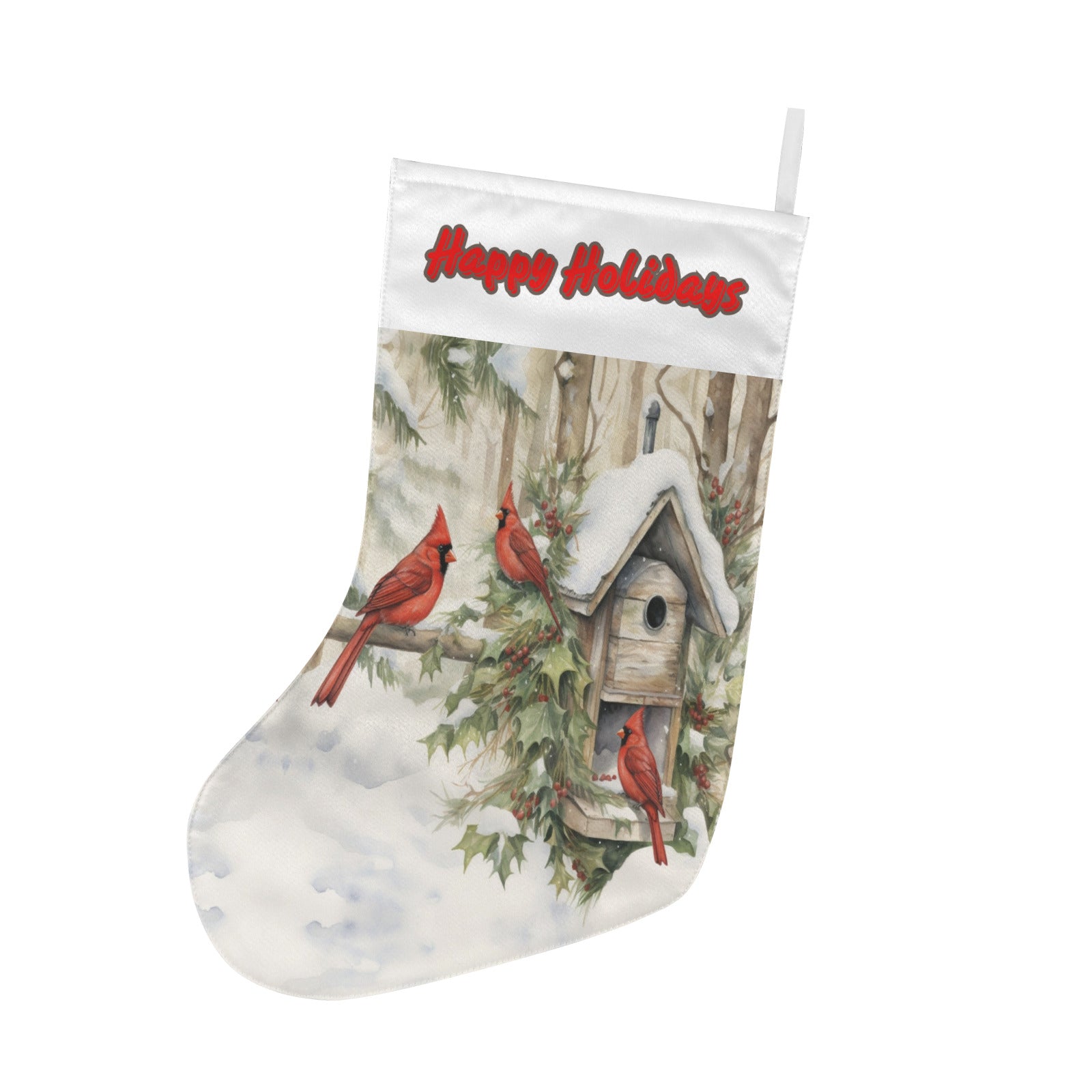 Happy Holidays Red Birds in Snow Christmas Stocking - Double sided print (Made in USA)