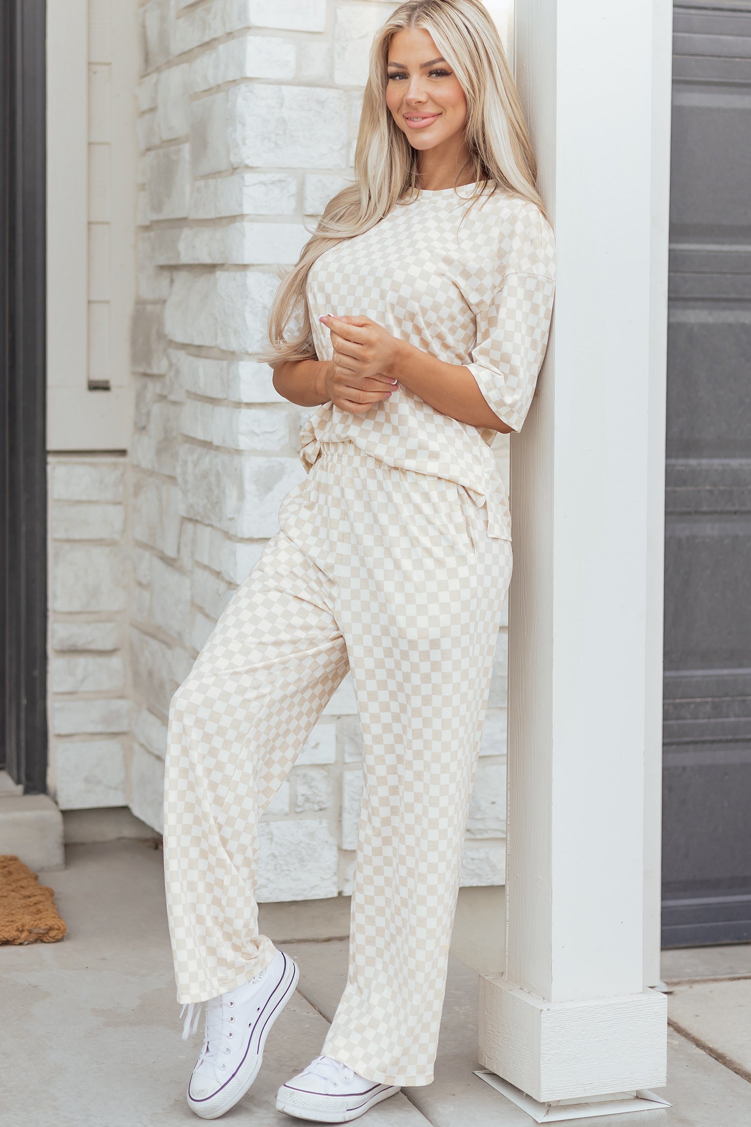 Khaki 2-piece Checkered Print Half Sleeve T-shirt and Lounge Pants Set