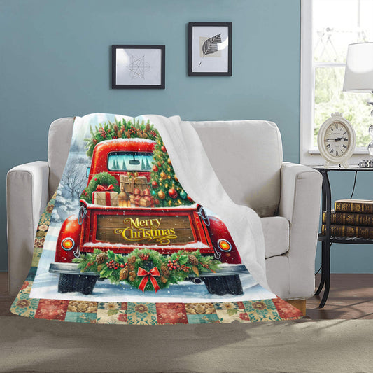 Christmas Vintage Truck Faux Patchwork Quilt Micro Fleece Blanket (Made in USA)