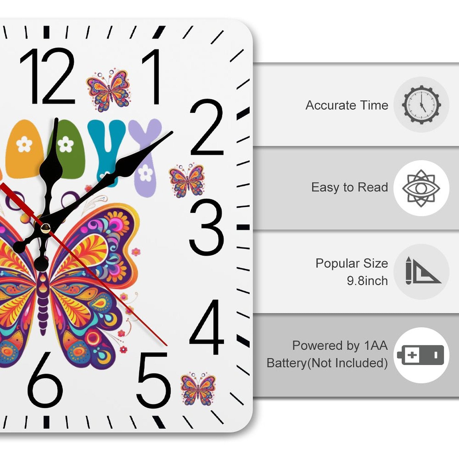Groovy Butterfly Square Wall Clock with Numbers - Made in the USA
