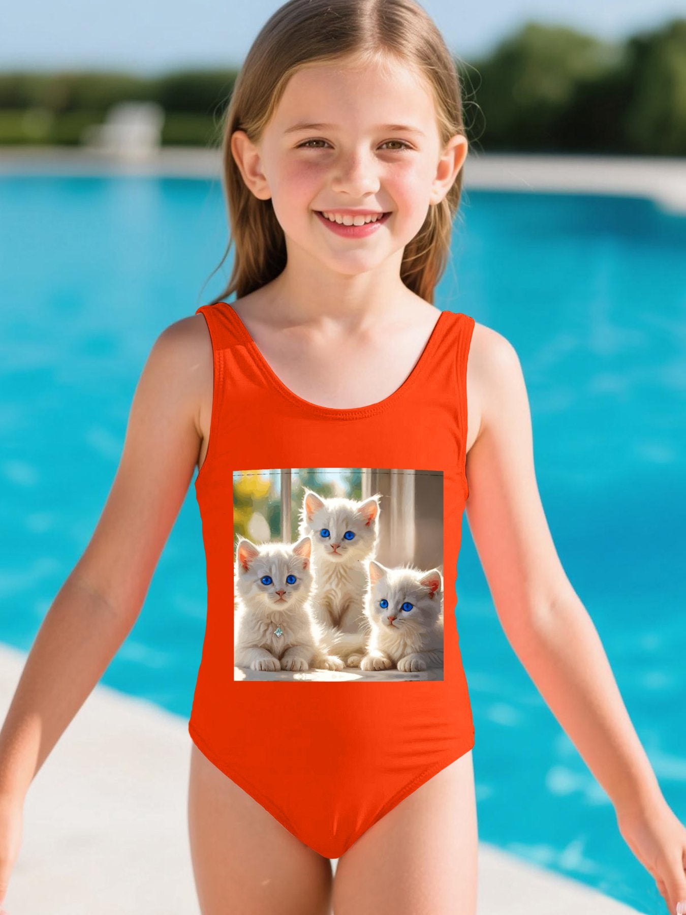 Fluffy White Kittens with Blue Eyes Girls' Summer One-Piece Swimsuit (Front Printing)