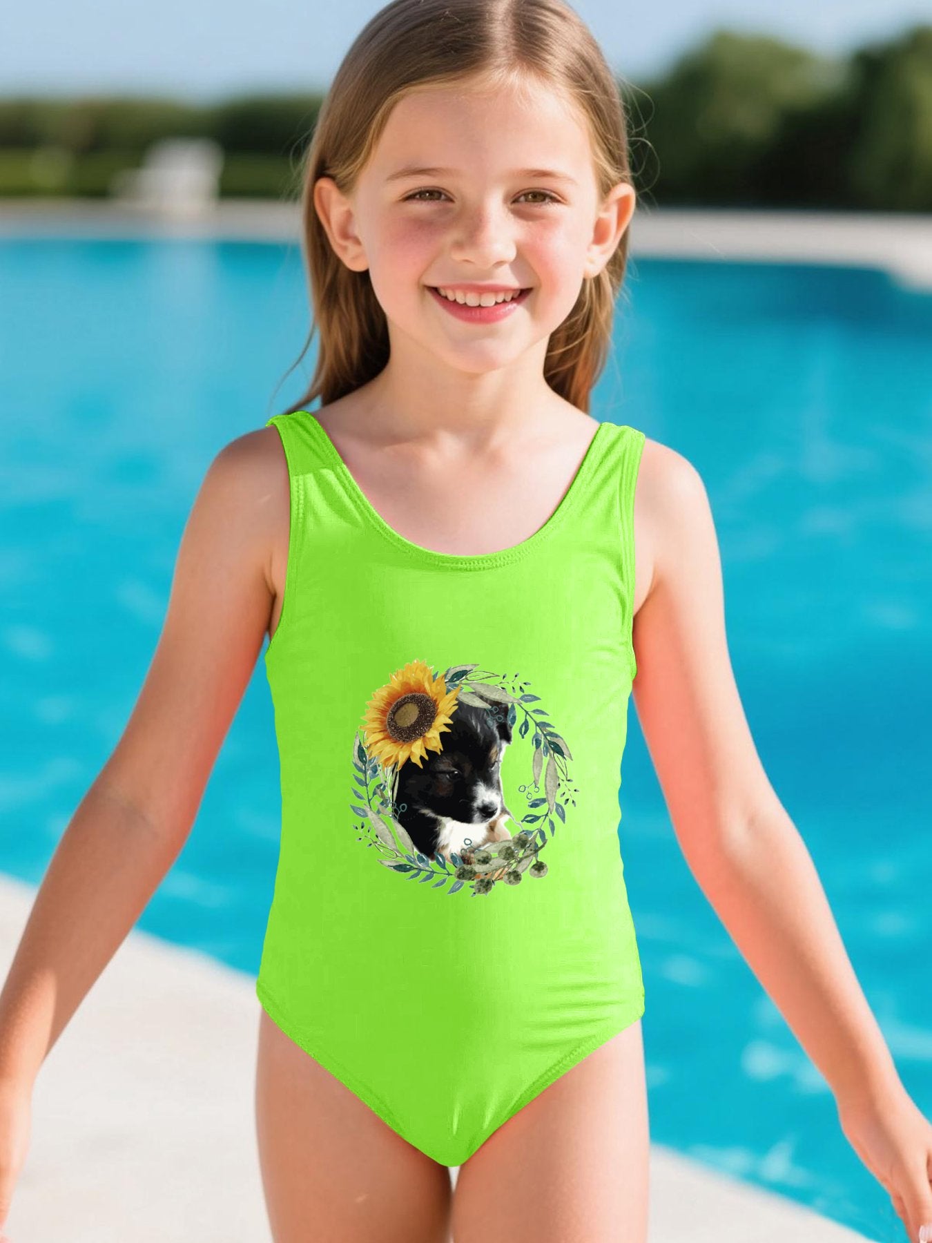 Cute Puppy Girls' Summer One-Piece Swimsuit (Front Printing)
