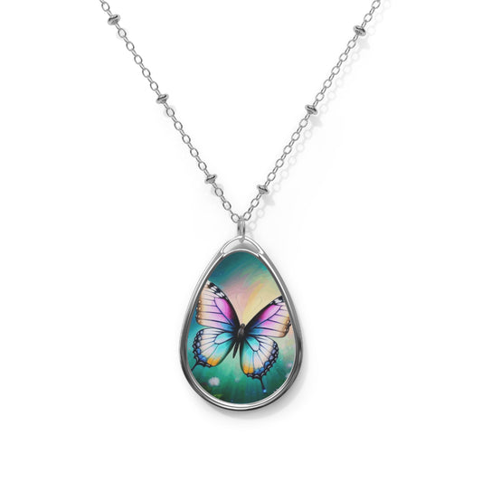 Beautiful Butterfly and Daisies Oval Necklace