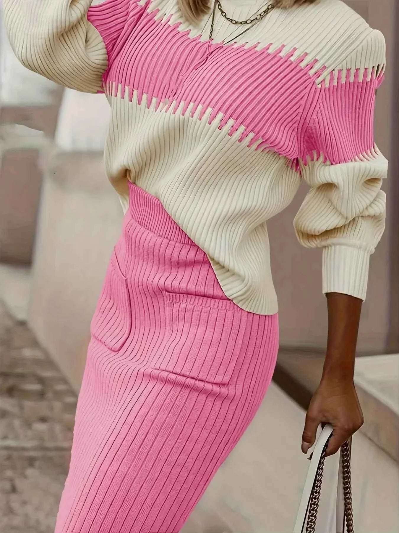 Two-Tone Ribbed Knit Top & Skirt Set Sweater Outfit