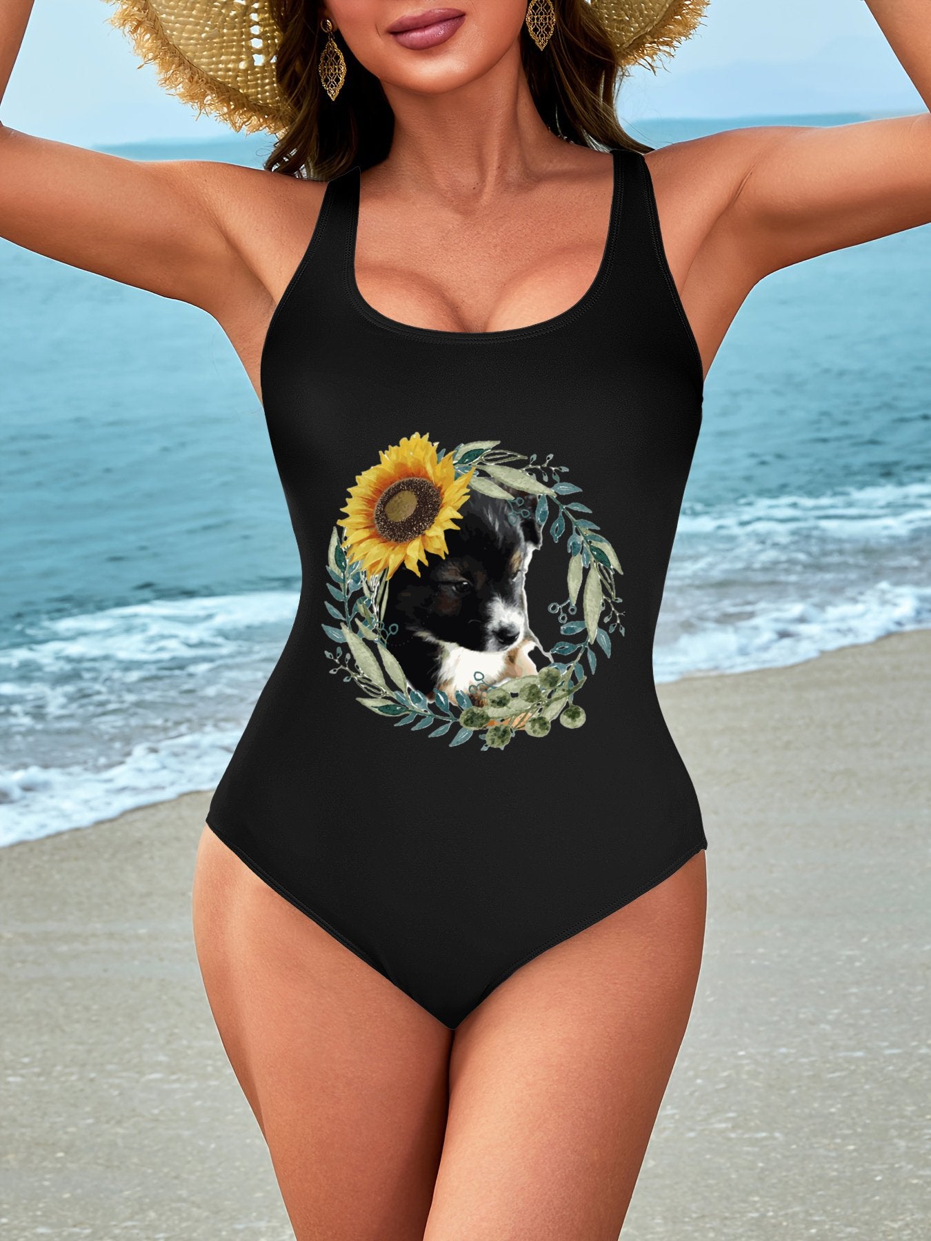 Cute Black Puppy One-Piece Swimsuit for Women (Front Printing)