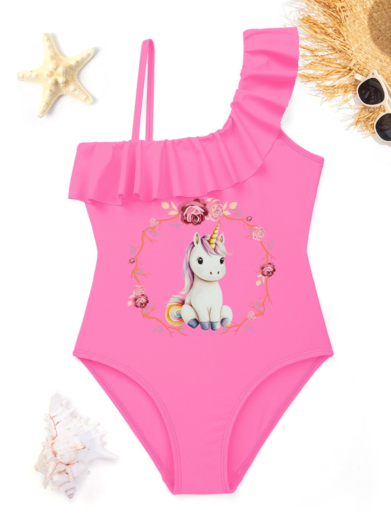 Baby Unicorn with Pink Roses Girls' Ruffled One-Piece Swimsuit (Front Printing)