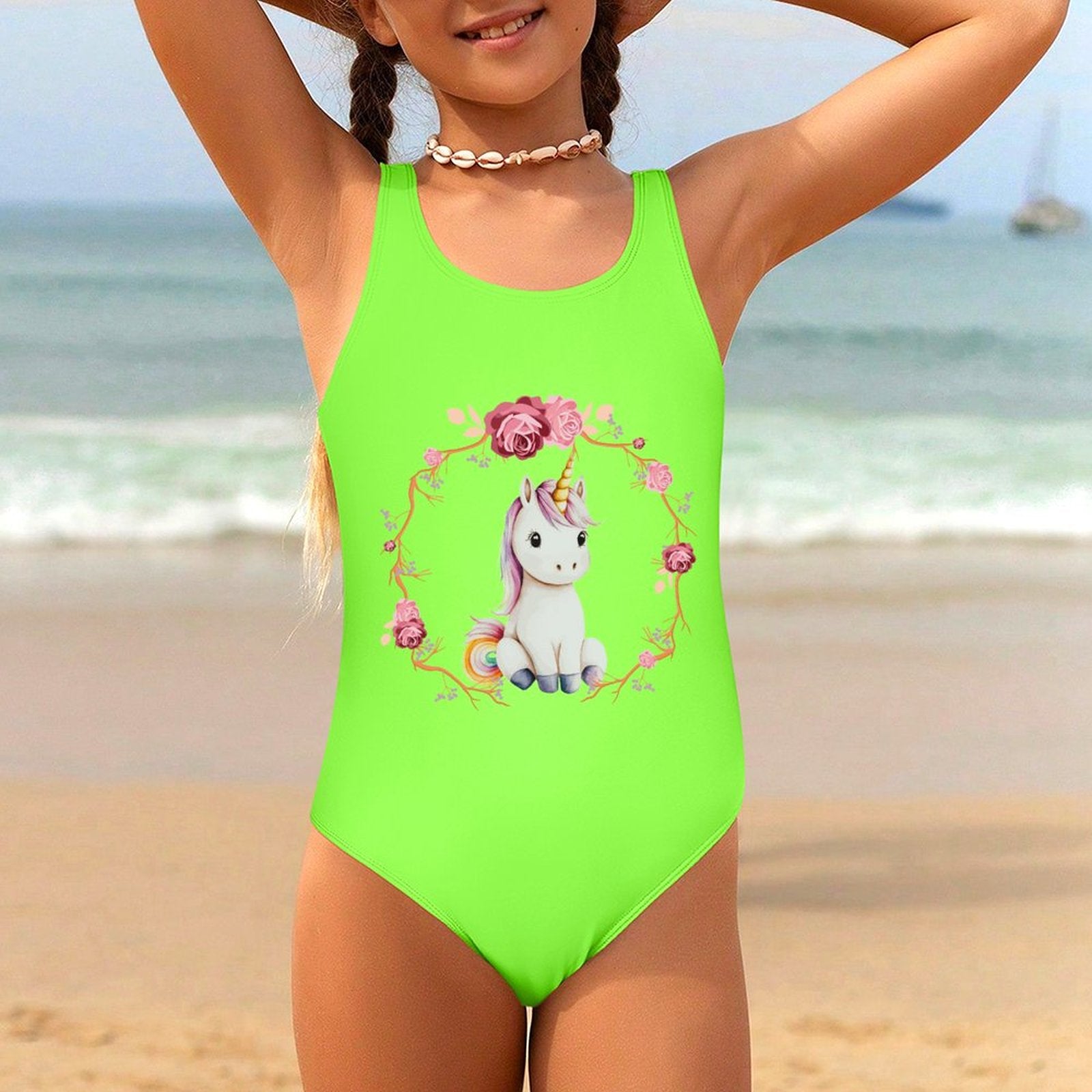 Baby Unicorn with Pink Roses Girls' Summer One-Piece Swimsuit (Front Printing)