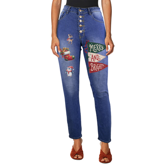 Merry & Bright Christmas Women's Jeans (Front Printing) (Model L75)